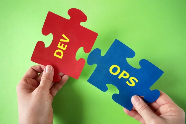 把Dev和Ops写在字里行间软件工程文化的Devops概念及软件开发 特写的实践 — 图库照片