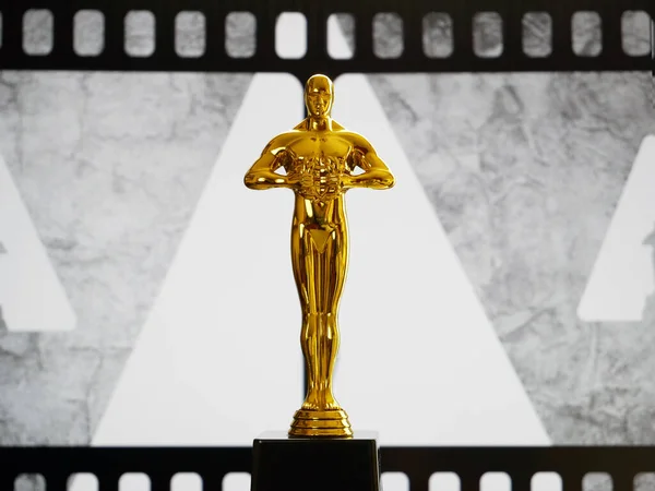 Gouden Metalen Man Standbeeld Film Achtergrond Close — Stockfoto