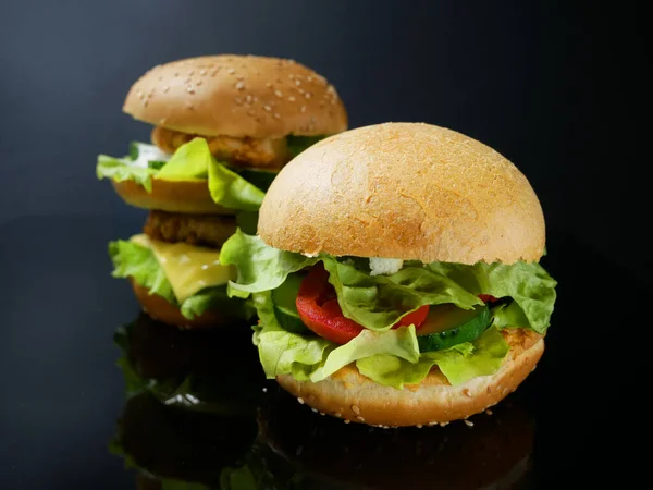 Two Burgers Meat Vegan Burger Black Background Closeup — Stock Photo, Image