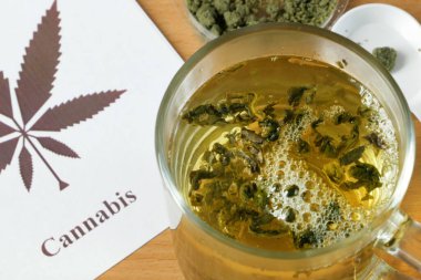Marihuanalı çay, bitkisel ilaçlı esrar ağrıyı tedavi etmek ve iştahı arttırmak için. Bitki çayı, tıbbi amaçlar için marihuana kullanımı kavramı. Yakın çekim.