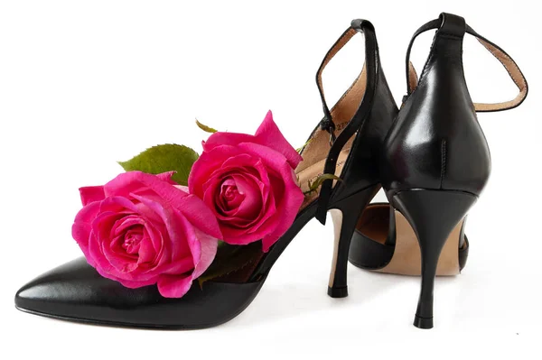 Shoes High Heel Decorated Pink Roses Isolated White Background Shoes — Stock Photo, Image