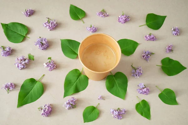 Kaffeetassen Mit Blumen Vorhanden Morgens Tasse Kaffee Und Frühlingsblumen Auf — Stockfoto