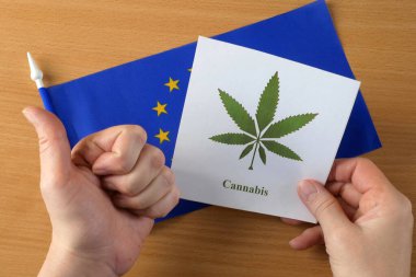 Avrupa Birliği bayrağı ve esrar imajı. Yasal kenevir veya marihuana konsepti. Tıbbi kenevir. Üst görünüm
