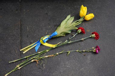 Mezarlıktaki Mezarlıkta Ukrayna bayrağı taşıyan çiçekler 2022 Rus saldırısına karşı savaşta ölen bir askerin mezarında.
