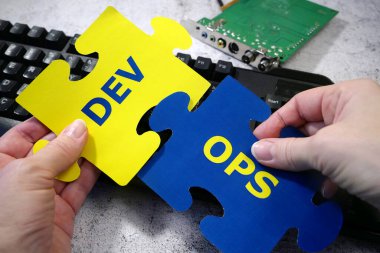Dev ve Harekât Merkezi 'ne el salla. Yazılım mühendisliği kültürü ve yazılım geliştirme ve işletim uygulaması için DevOps kavramı, yakın plan