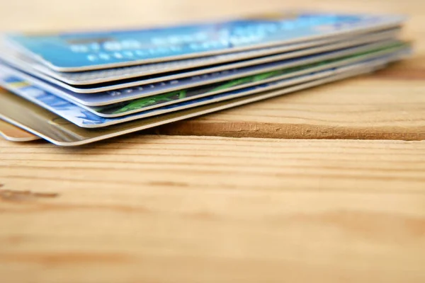 Visa credit card and Mastercard, stack of plastic bank card, closeup
