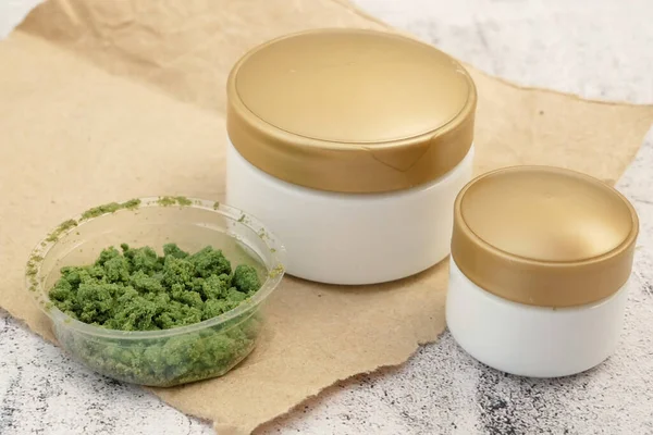 Cannabis Cream Cosmetic Dose Marijuana Plant Wooden Background Cannabis Cosmetics — Stock Photo, Image