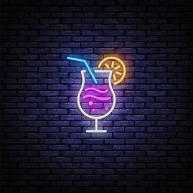 İzole edilmiş arka planda retro tarzı kokteyl neonu işareti. Kokteyl neon vektör çizimi. Retro doku arka planı. Hafif efekt, Vintage tarzı. Vektör simgesi