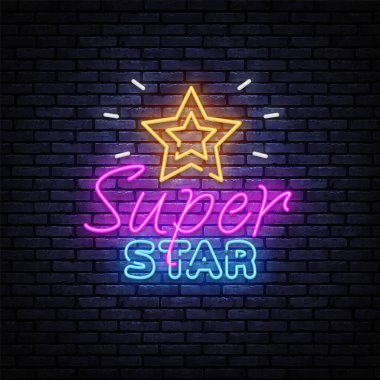 Pop art banner with super star neon on light background. Vector illustration design. Symbol, logo illustration. Super star neon on light background clipart