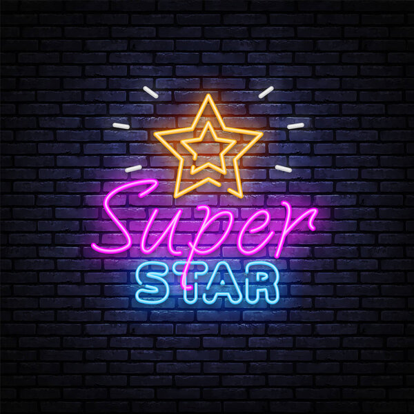 Pop art banner with super star neon on light background. Vector illustration design. Symbol, logo illustration. Super star neon on light background