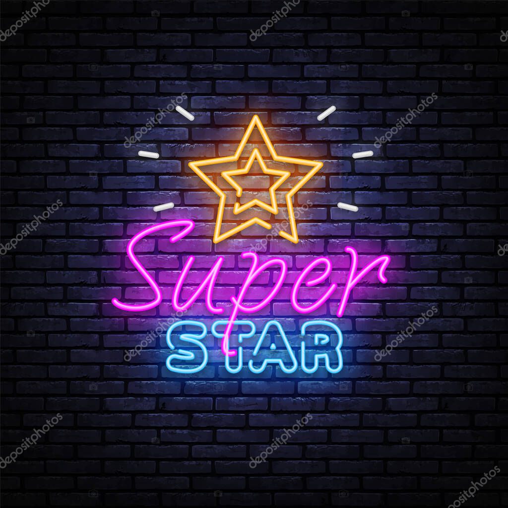 Pop art banner with super star neon on light background. Vector illustration design. Symbol, logo illustration. Super star neon on light background.