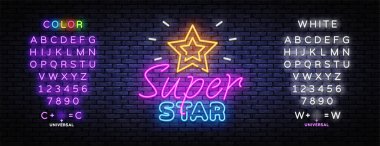 Pop art banner with super star neon on light background. Vector illustration design. Symbol, logo illustration. Super star neon on light background. Editing text neon sign clipart