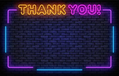 Teşekkürler Neon Frame Vector. Teşekkürler neon ışığı, tasarım şablonu, modern trend tasarımı, gece lambası reklamı, ışık panosu, açık arkaplan. Vektör illüstrasyonu