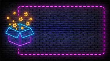 Zevk mevcut, sürpriz neon ışığı vektörü. Doğum günü kutlaması, özel hediye paketi tasarımı neon şablon çerçevesi. Parlak gece reklamı, parlak tabela. Vektör illüstrasyonu