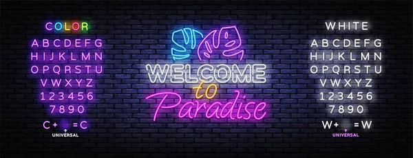 Neon illustratie met welkom in het paradijs. Welkom bij Paradise neon teken vector. Vector illustratie ontwerp. Print, poster, spandoek. Tekst neon teken bewerken — Stockvector