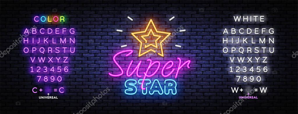 Pop art banner with super star neon on light background. Vector illustration design. Symbol, logo illustration. Super star neon on light background. Editing text neon sign.