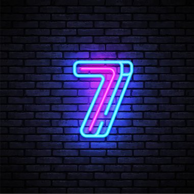 Yedinci sembol neon işareti vektör. Yedinci, yedi numara şablon neon simgesi, ışık afiş, neon tabela, her gece parlak reklam, ışık yazıt. Vektör çizim