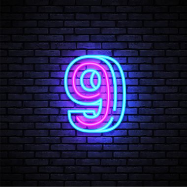 Dokuz numaralı sembol neon işareti vektörü. Dokuzuncu, dokuz numaralı şablon neon ikonu, ışık panosu, neon tabela