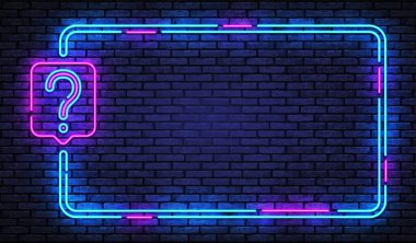 Konsept tasarım için retro poster. Faq konsepti. Neon tabelasına yardım iste. Vektör arkaplanı. Mavi arka plan. Oyun çerçevesi