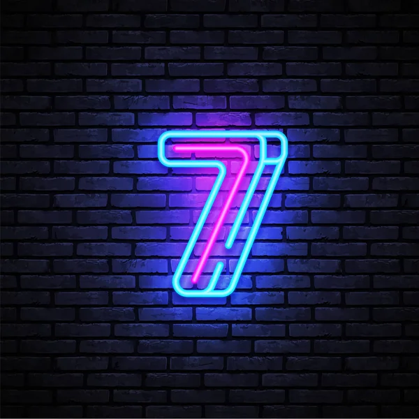 Numero sette simbolo al neon segno vettore. Settimo, icona al neon modello numero sette, banner luminoso, cartello al neon, pubblicità notturna brillante, iscrizione leggera. Illustrazione vettoriale — Vettoriale Stock