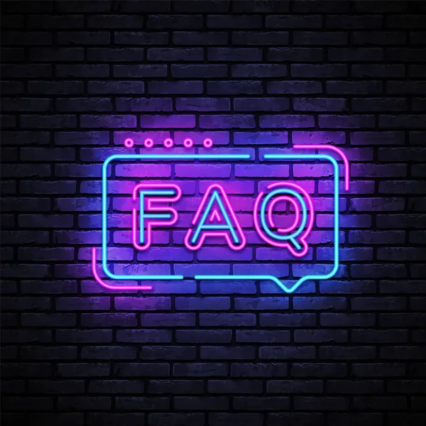 Faq in neon style. Realistic vector illustration. Modern template with black faq on blue background for game background design — Vector de stock