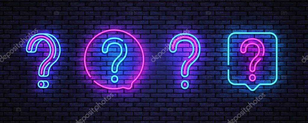 Modern question neon, great design for any purposes. Ask help sign. Blue background. Question neon on light background. Exclamation mark. Vector modern banner. Game frame.