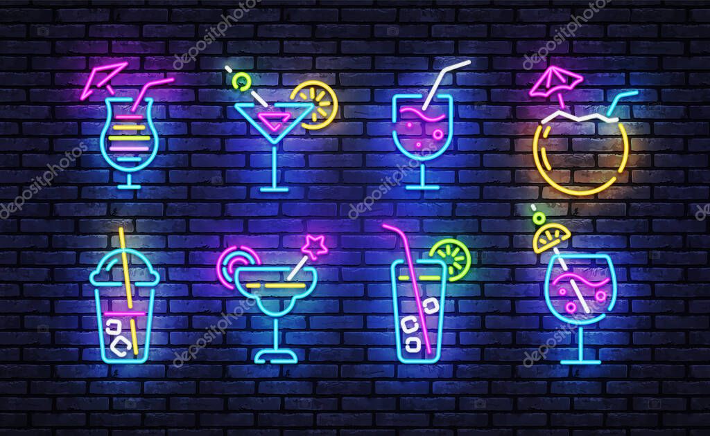 Cocktails neon icons set. Cocktails collection neon signs. Bright sign boards, light banner. Modern trend design, night light signboard, emblems, design template. Vector Illustration.