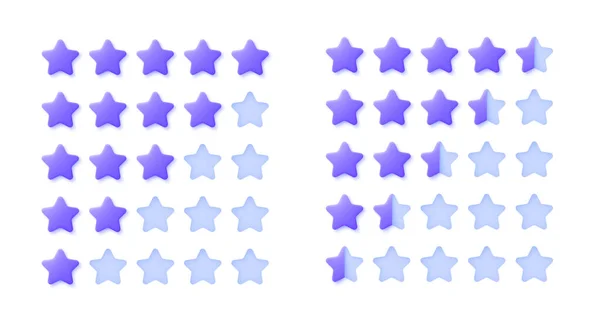 3d Star pictogrammen op een transparante achtergrond. Vector illustratie. Knop voor conceptontwerp. 3d icoon met violette sterren 3d waardering op transparante achtergrond voor web design — Stockvector