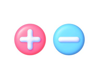 Artı eksi, beyaz arka planda 3 boyutlu olarak. 3d karikatür vektör simgesi. 