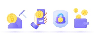 Mobil uygulama tasarımı için bitcoin 3D. Dijital elektronik para birimi. Şifreli para, şifreli para. Dijital banka. Bitcoin değişimi. Çevrimiçi bankacılık. 3d Vektör İllüstrasyonu