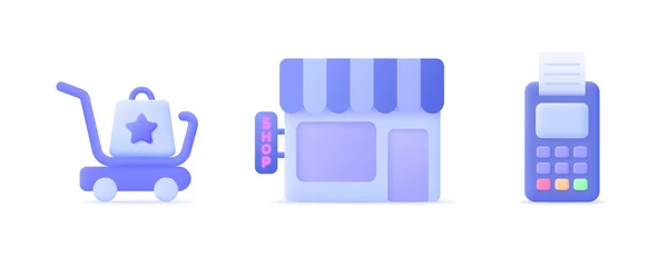 Boutique en ligne, panier, concept de sac. Concept de publicité 3d avec des icônes de magasin rouge 3d. Icône d'illustration vectorielle 3d — Image vectorielle