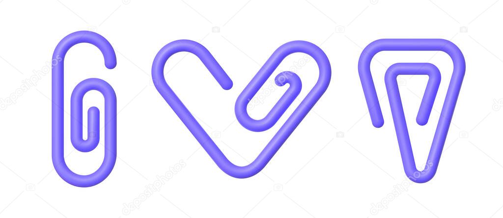 3d paper clip set for paper design. Realistic 3d sign. Isolated vector illustration.