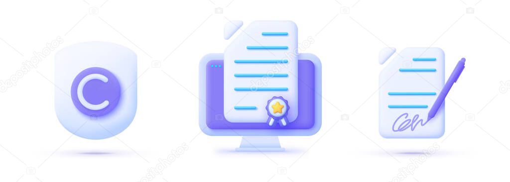 Copyrighting in 3d style on white background. Vector certificate icon. Realistic 3d symbol. Creative concept. Vector set illustration
