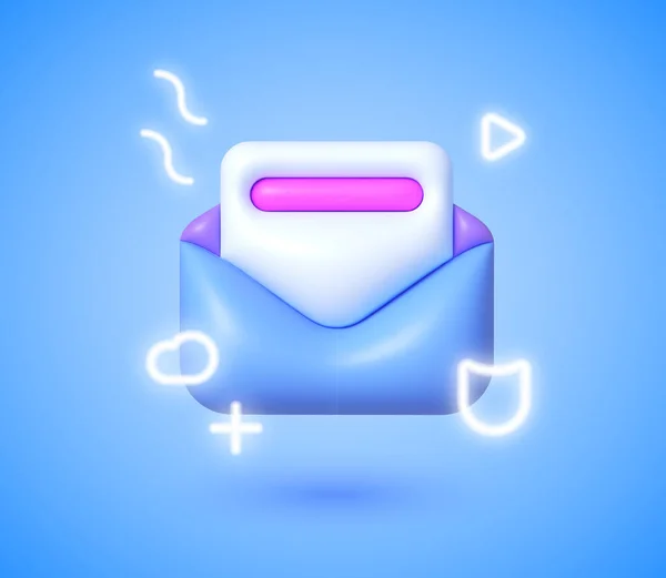 Email 3d Neon w stylu 3d na niebieskim tle. Ilustracja 3D renderowania. Izolowana ilustracja wektora. Ikona biznesu. Ikona powiadomienia o wiadomości. Renderowanie nowego powiadomienia e-mail — Wektor stockowy