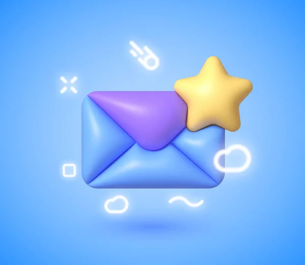 Email Favoritos 3d Neon en estilo 3d sobre fondo azul. ilustración de renderizado 3d. Ilustración vectorial aislada. Icono del negocio. Icono de notificación de mensaje. Render nueva notificación por correo electrónico — Archivo Imágenes Vectoriales