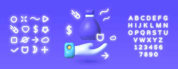 Geld tas 3d neon, geweldig ontwerp voor elk doel. Ontwerp van vectorillustraties — Stockvector