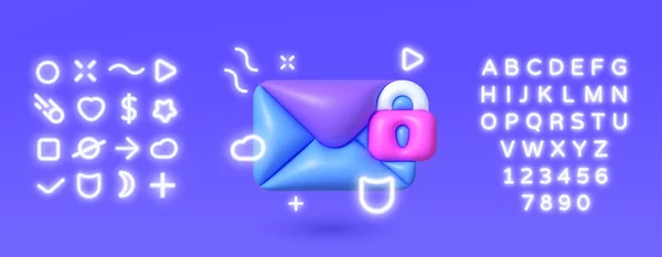 3d icon neon mit mail sicher für web design. Datenschutz. Web-Banner. 3D-Vektor-Symbol-Illustration — Stockvektor