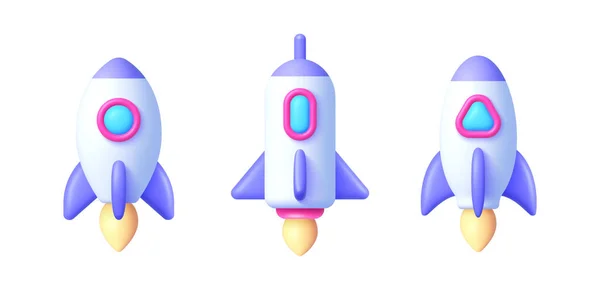 Modern realistic set with rocket 3d. Space futuristic creative design. Spaceship launch. Creative concept idea design. Logo design. Vector illustration — Stock Vector