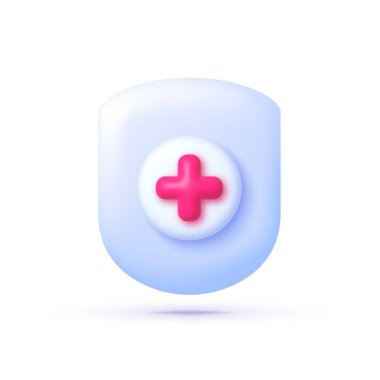 Kırmızı ilaç 3D. Kardiyoloji konsepti. Sağlık hizmeti, acil durum kavramı. 3D kalkan simgesi. Vektör illüstrasyonu