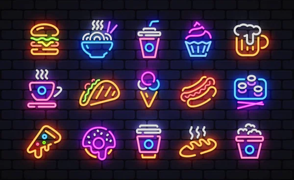 Neon Food Icons Vintage Style Light Background Business Icon Set — Archivo Imágenes Vectoriales