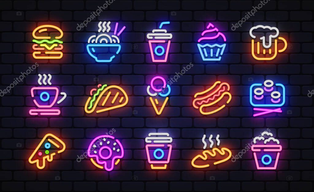 Neon food icons in vintage style on light background. Business, icon set. Vector illustration.