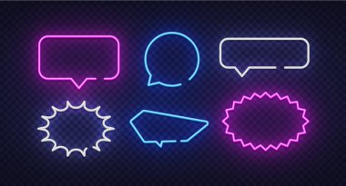 Neon speech bubble in line art style on blue background. Dialog, chat speech bubble. Electric power. Vector design.