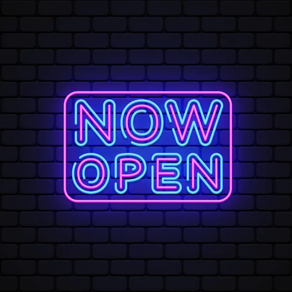 Now Open Neon Light Background Vector Icon Isolated Template — Vetor de Stock