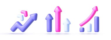 Veri analizi 3D Vektör Resmini Ayarla. Beyaz arka planda mor ok 3D. Büyüme borsası finansal grafiği. Mor arka plan. İzole vektör illüstrasyonu.