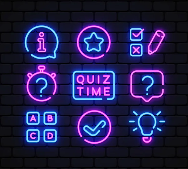 Quiz Neon Icons Set Quiz Time Neon Signs Design Template — 스톡 벡터