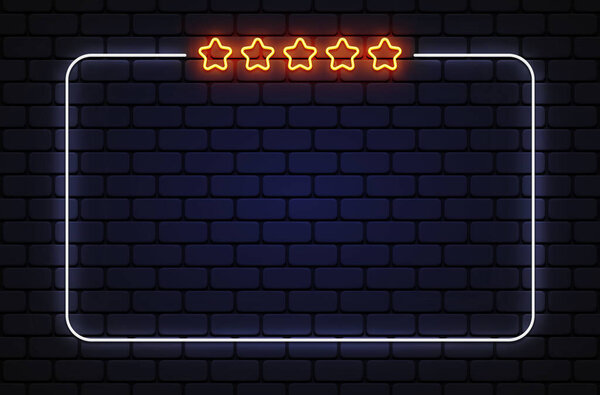 Five Stars neon frame vector design template. Five Stars neon frame, light banner design element colorful modern design trend, night bright advertising, bright sign. Vector illustration.