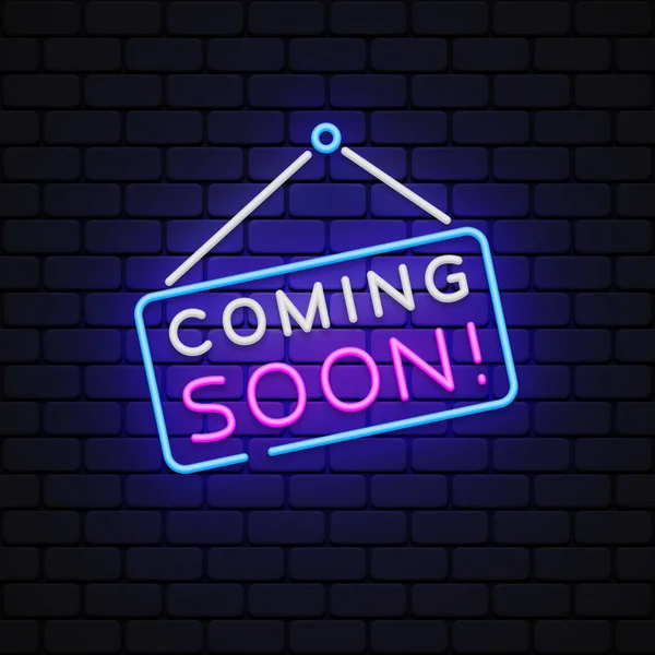 Neon Coming Soon Web Promotion Design Isolated Vector Illustration — Stock Vector