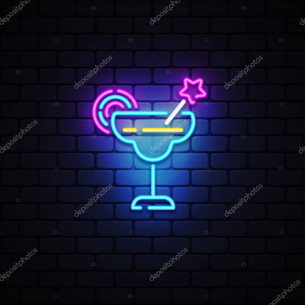 Cocktail icon neon on light background. Holiday banner design. Party decoration. Vector illustration.