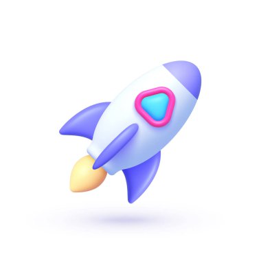 Roket 3D beyaz arka planda gerçekçi bir şekilde. Başlangıç, boşluk, iş konsepti. 3d gerçekçi vektör.