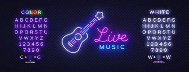 Live music neon on light background. Music symbol vector. Glowing digital vector illustration.